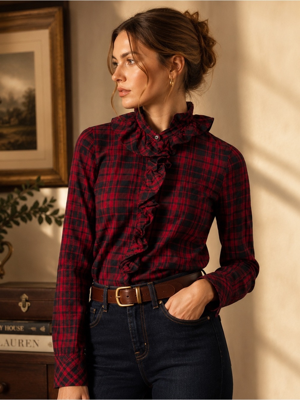 Lauren Ralph Lauren XS Red Black Tartan Plaid Ruffle Front Blouse Cotton Preppy